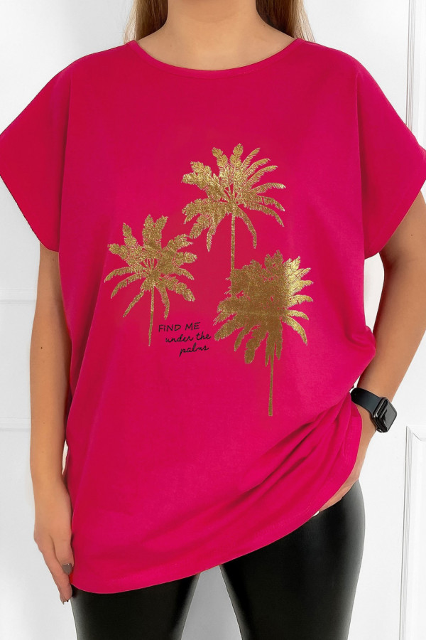 T-shirt plus size bluzka damska w kolorze fuksji złote palmy