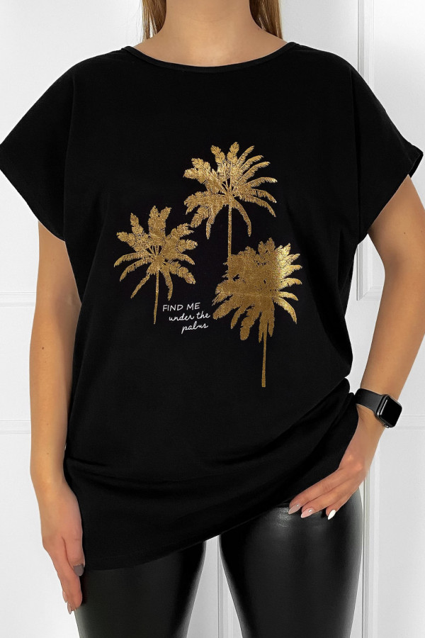 T-shirt plus size bluzka damska w kolorze czarnym złote palmy
