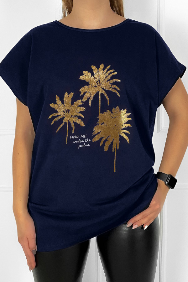T-shirt plus size bluzka damska w kolorze granatowym złote palmy