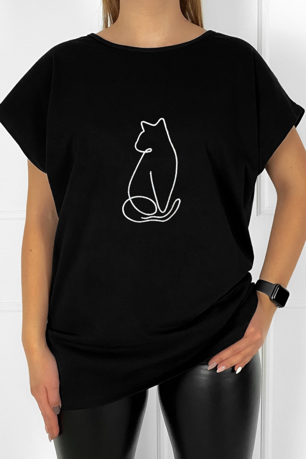 T-shirt bluzka damska plus size w kolorze czarnym srebrny kot cat