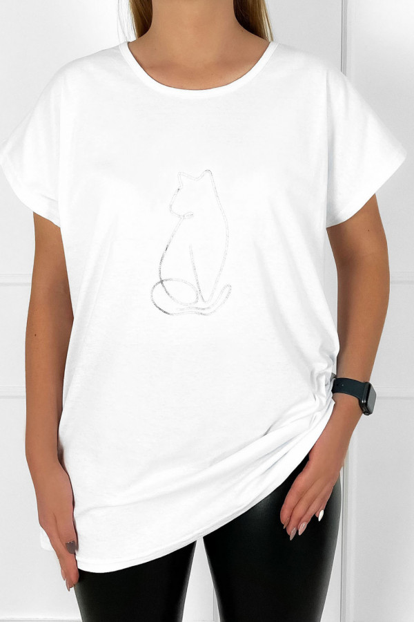 T-shirt bluzka damska W DRUGIM GATUNKU plus size w kolorze białym srebrny kot cat