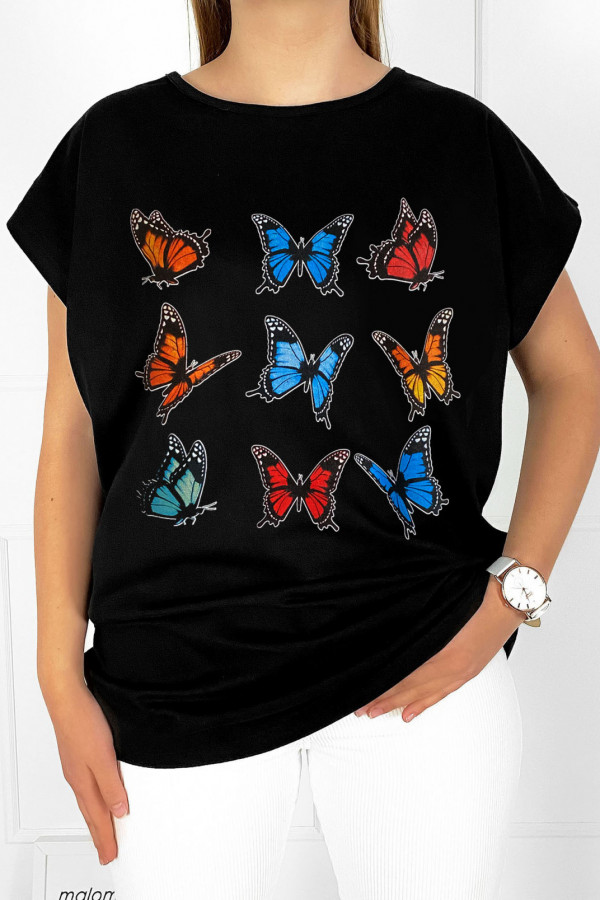 T-shirt bluzka damska plus size w kolorze czarnym kolorowe motyle