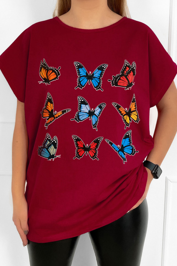T-shirt bluzka damska plus size w kolorze bordowym kolorowe motyle