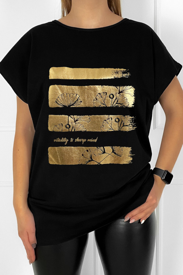 T-shirt plus size bluzka damska w kolorze czarnym złoty print gold