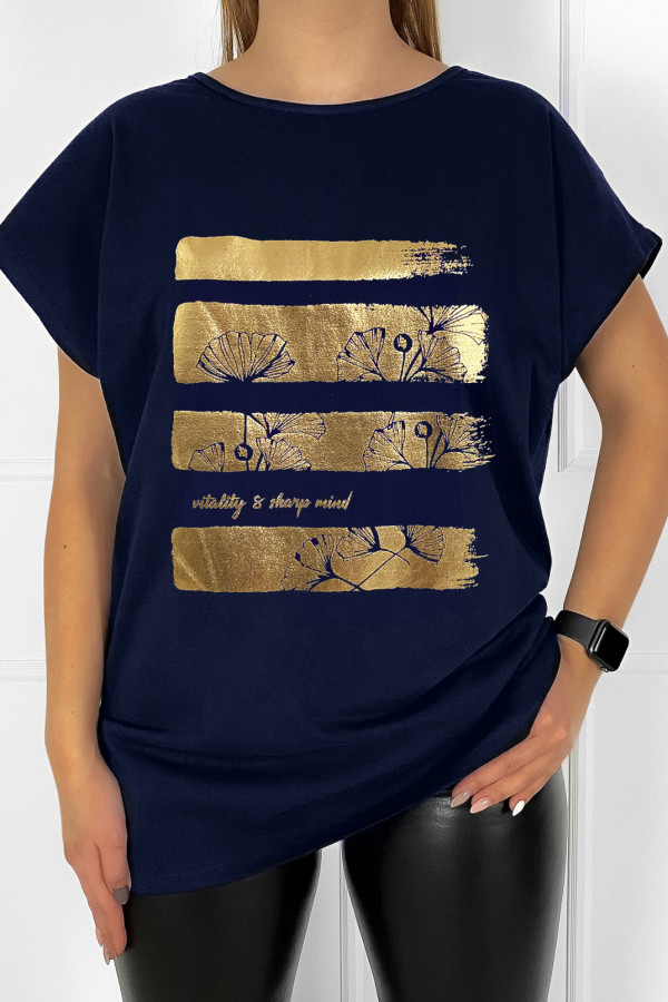 T-shirt plus size bluzka damska w kolorze granatowym złoty print gold