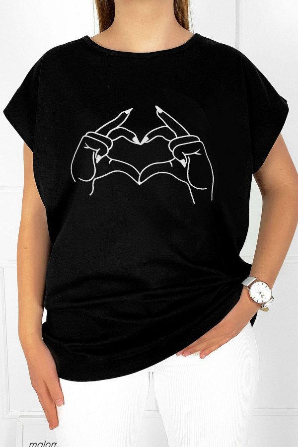 T-shirt bluzka damska plus size w kolorze czarnym line art dłonie serce