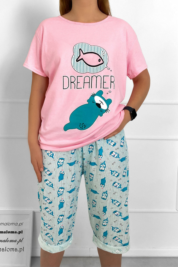 Piżama damska plus size w kolorze różowym komplet t-shirt + spodenki dreamer