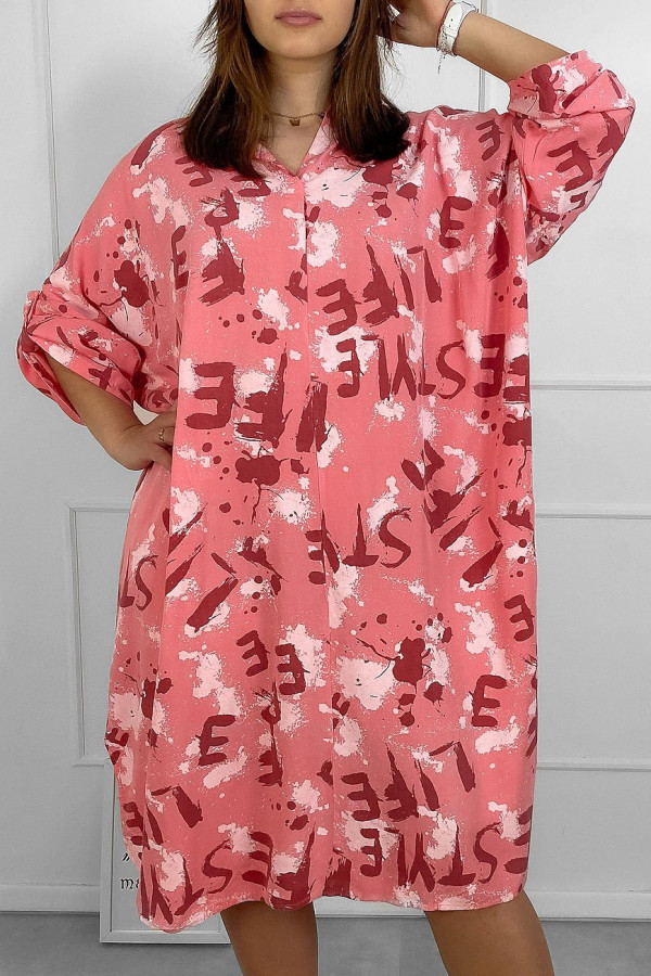 Koszula damska plus size sukienka w kolorze różowym wzór litery