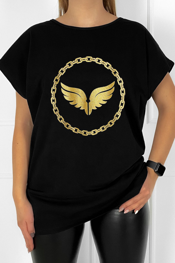 T-shirt plus size bluzka damska w kolorze czarnym złote skrzydła