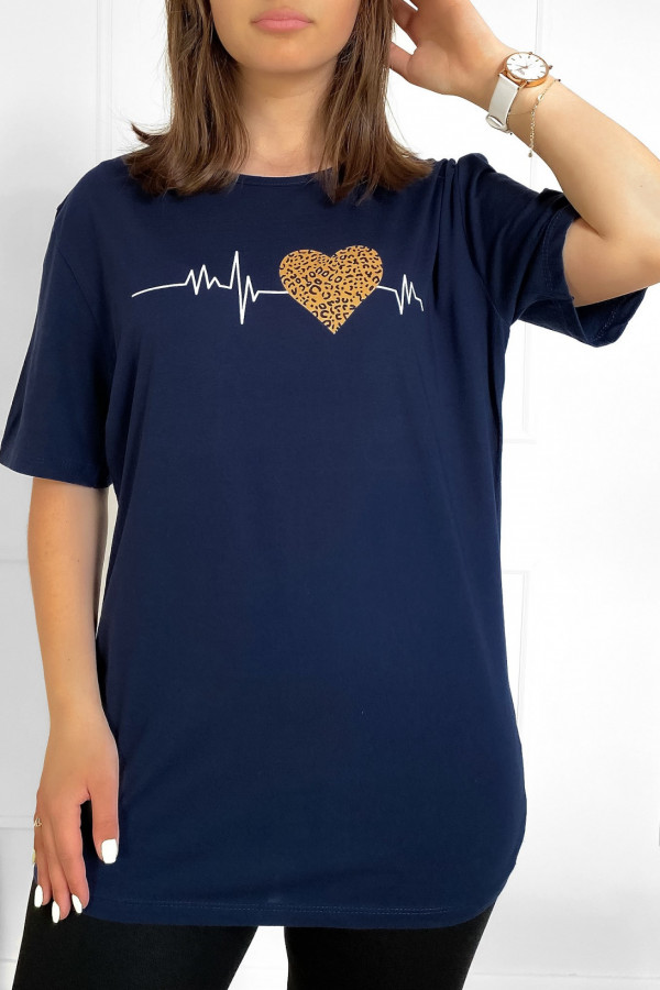T-shirt plus size bluzka damska w kolorze granatowym serce panterka