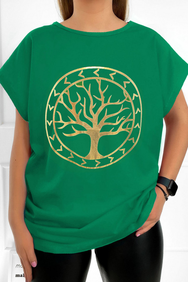 T-shirt plus size bluzka damska w kolorze zielonym złoty print drzewko