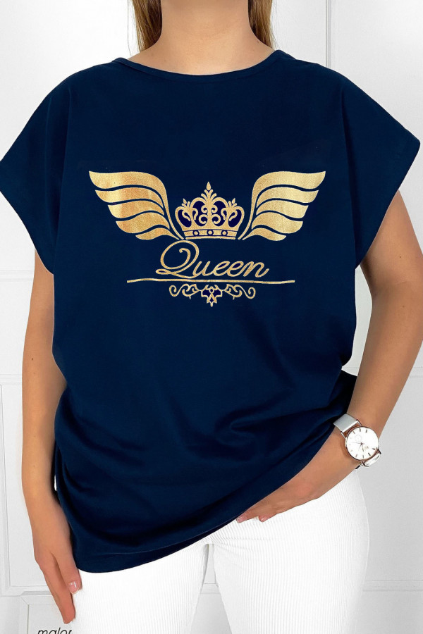 T-shirt plus size bluzka damska w kolorze granatowym złoty print skrzydła