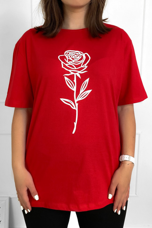 T-shirt plus size bluzka damska w kolorze czerwonym kwiat róża