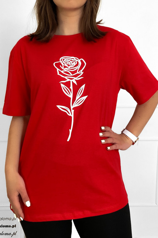 T-shirt plus size bluzka damska w kolorze czerwonym kwiat róża 1