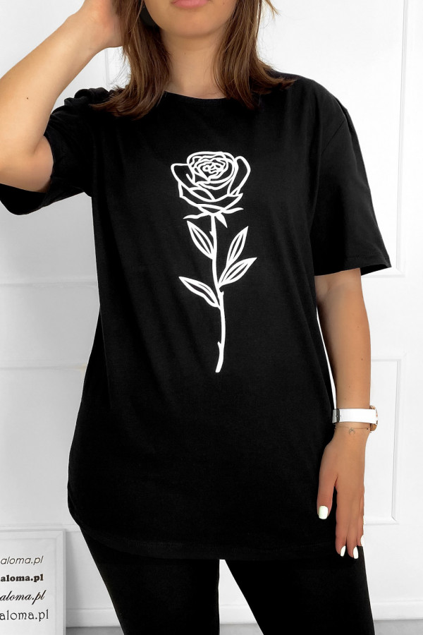 T-shirt plus size bluzka damska w kolorze czarnym kwiat róża
