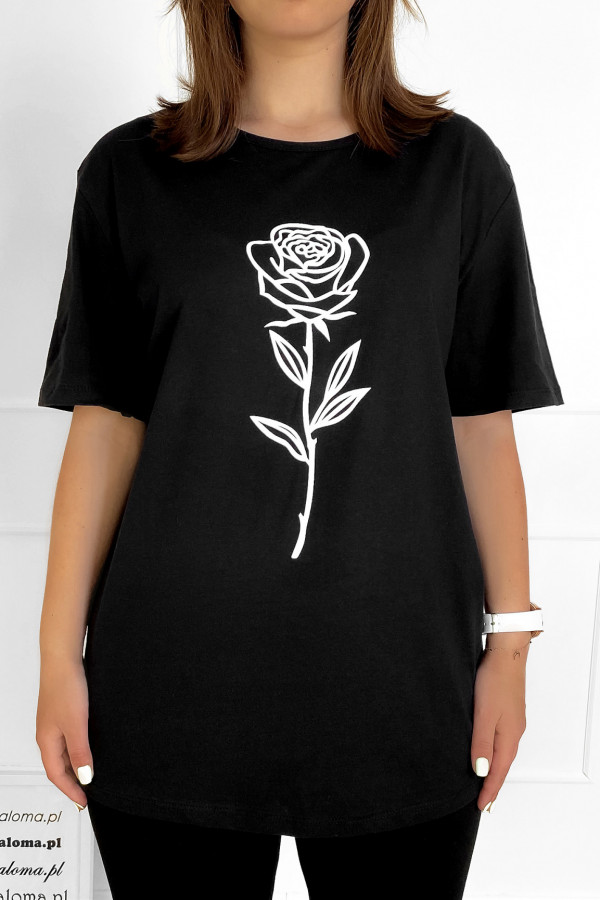 T-shirt plus size bluzka damska w kolorze czarnym kwiat róża 1