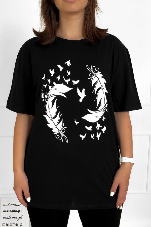 T-shirt plus size bluzka damska w kolorze czarnym piórka ptaki