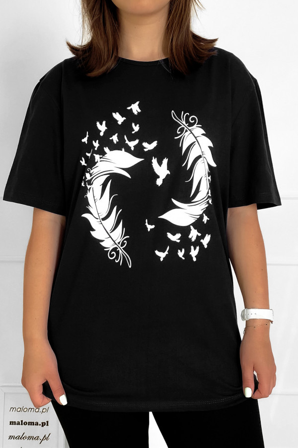 T-shirt plus size bluzka damska w kolorze czarnym piórka ptaki 1