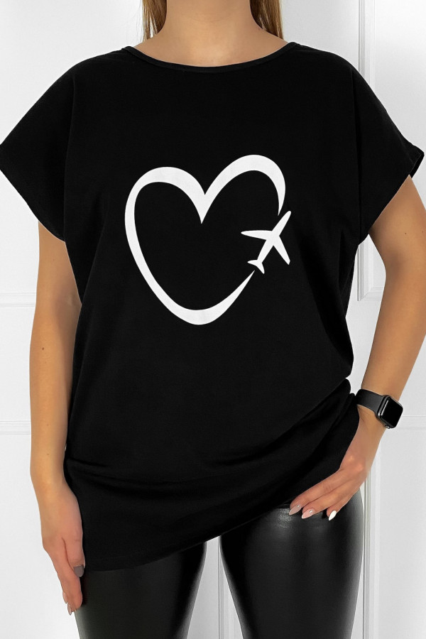 T-shirt plus size bluzka damska w kolorze czarnym serce samolot travel