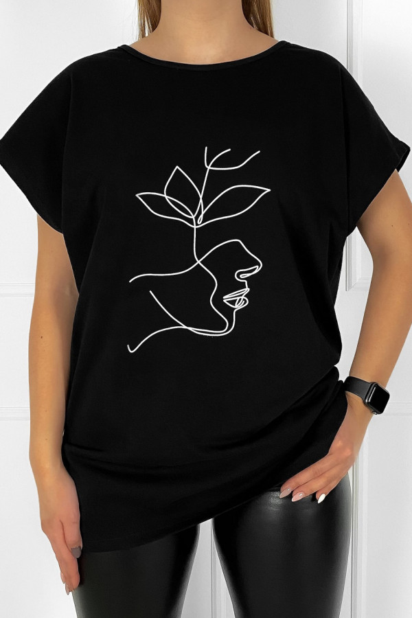 T-shirt bluzka damska plus size w kolorze czarnym line art woman liść