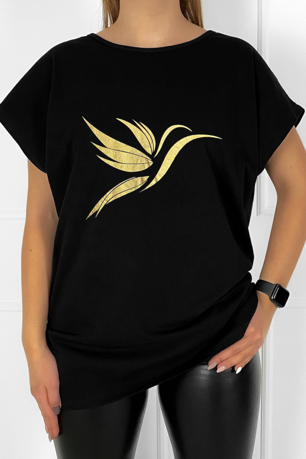 T-shirt bluzka damska plus size w kolorze czarnym złoty ptak koliber