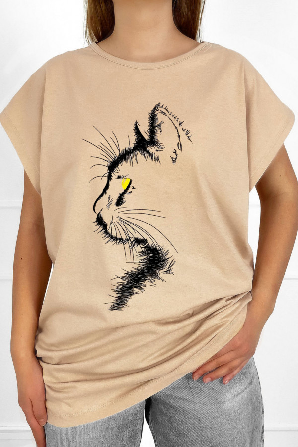 T-shirt plus size bluzka damska w kolorze beżowym kot cat