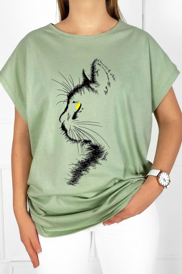 T-shirt plus size bluzka damska w kolorze oliwkowym kot cat