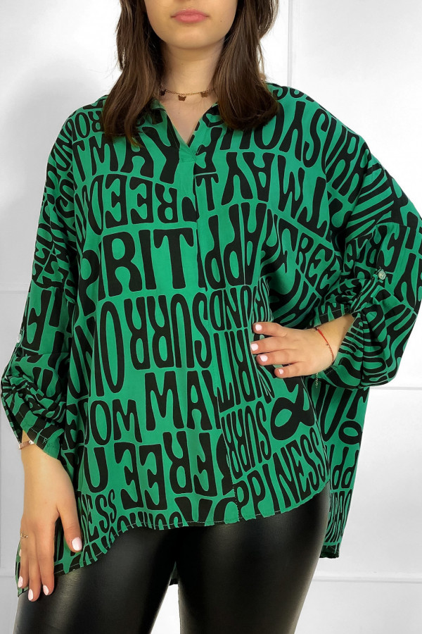 Bluzka damska koszula plus size w kolorze zielonym podpinany rękaw letters