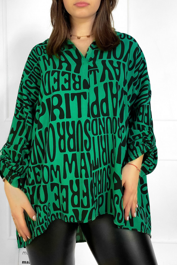 Bluzka damska koszula plus size w kolorze zielonym podpinany rękaw letters 1