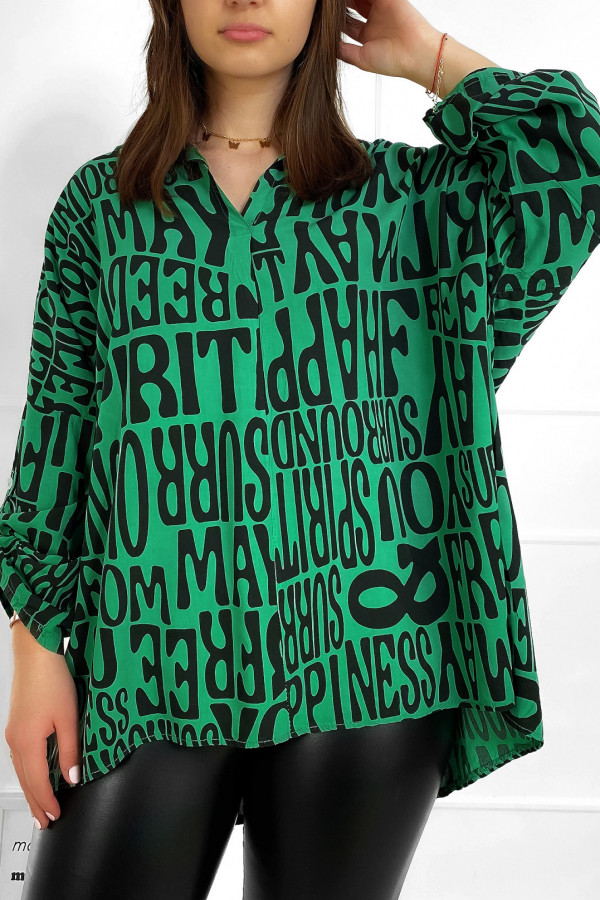Bluzka damska koszula plus size w kolorze zielonym podpinany rękaw letters 4