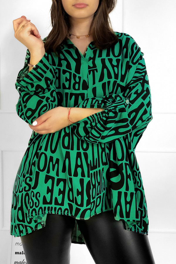 Bluzka damska koszula plus size w kolorze zielonym podpinany rękaw letters 3