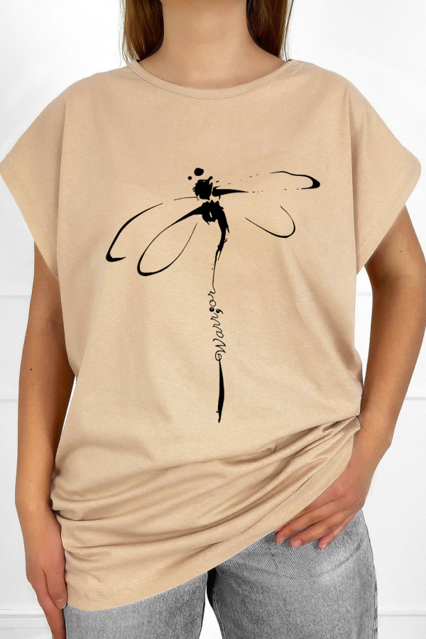 T-shirt plus size bluzka damska w kolorze beżowym dragonfly ważka
