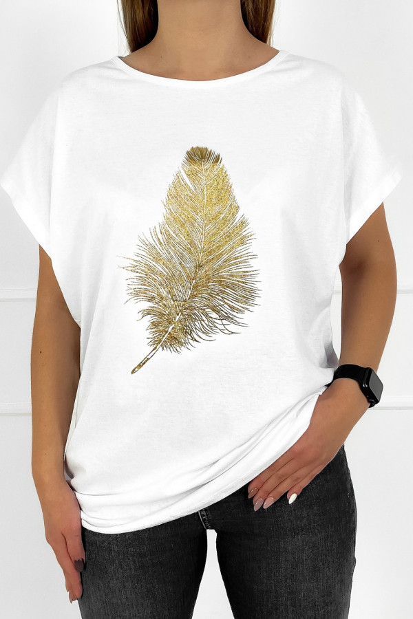 T-shirt bluzka damska plus size w kolorze białym złote piórko gold