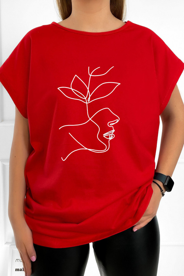 T-shirt bluzka damska plus size w kolorze czerwonym line art woman liść