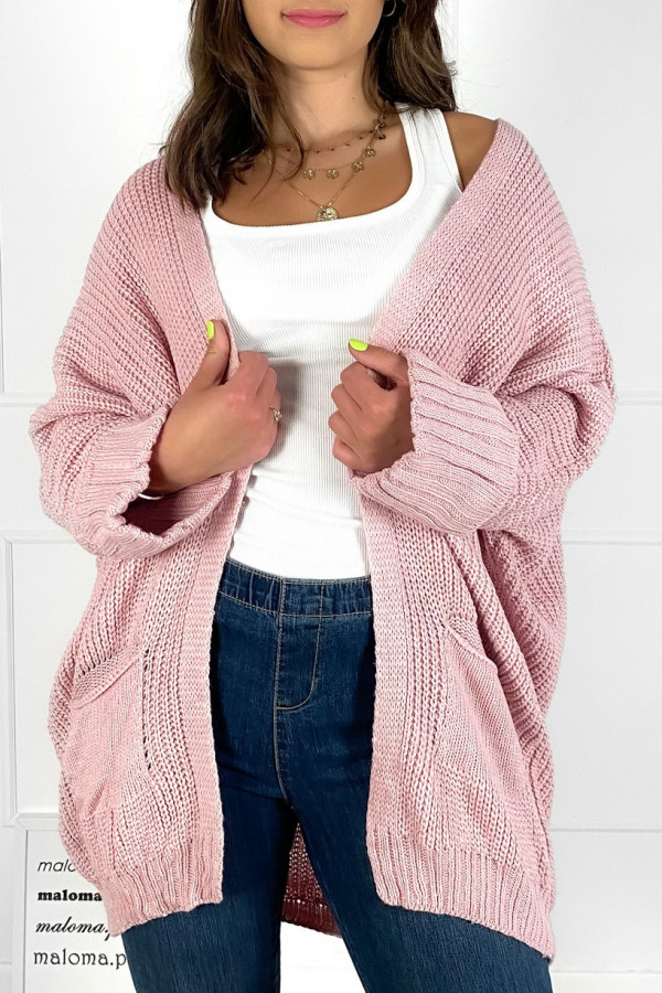 Kardigan sweter damski w kolorze pudrowym z kieszeniami luźna narzutka Parma