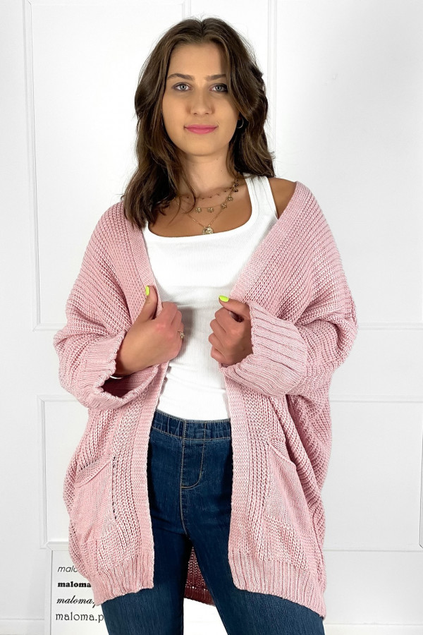 Kardigan sweter damski w kolorze pudrowym z kieszeniami luźna narzutka Parma 2