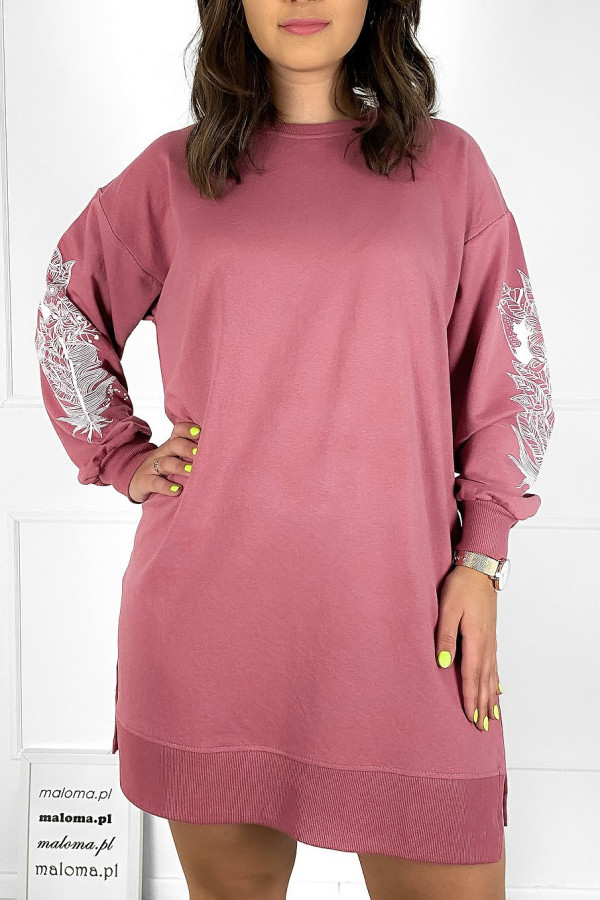 Długa bluza dresowa tunika damska long w kolorze brudnego różu pióra