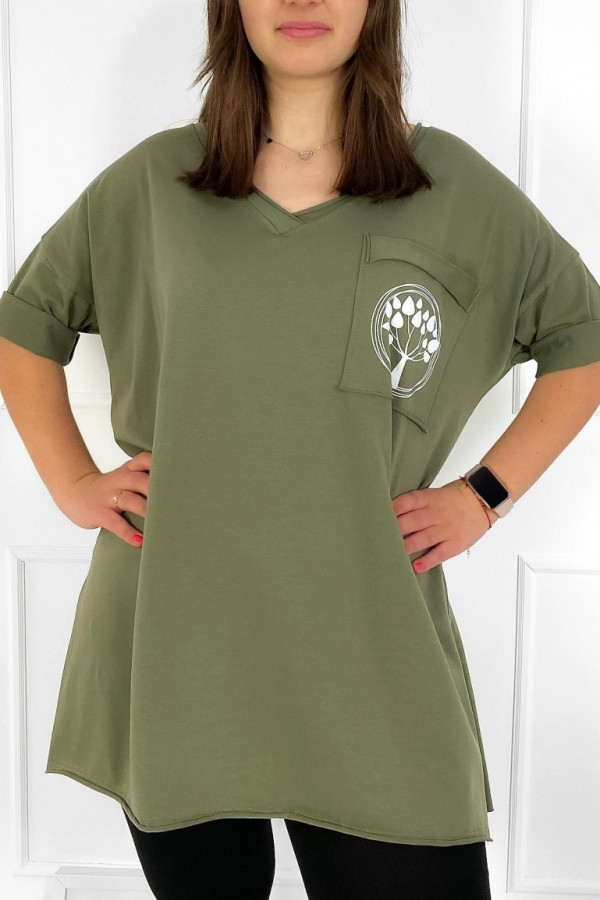 Tunika damska w kolorze khaki t-shirt oversize v-neck kieszeń drzewko