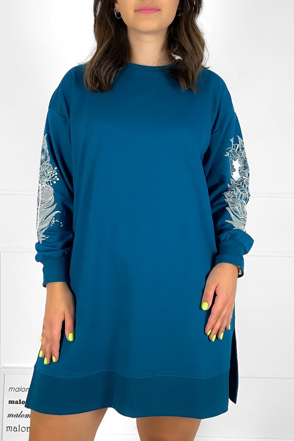 Długa bluza dresowa tunika damska long w kolorze morskim pióra