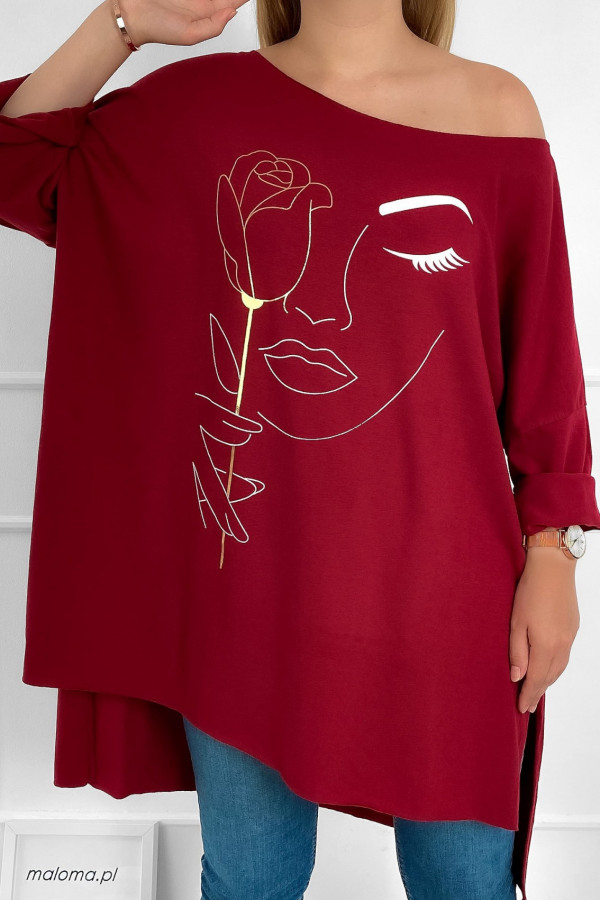 Duża bluzka tunika w kolorze bordowym oversize dłuższy tył złoty print rose