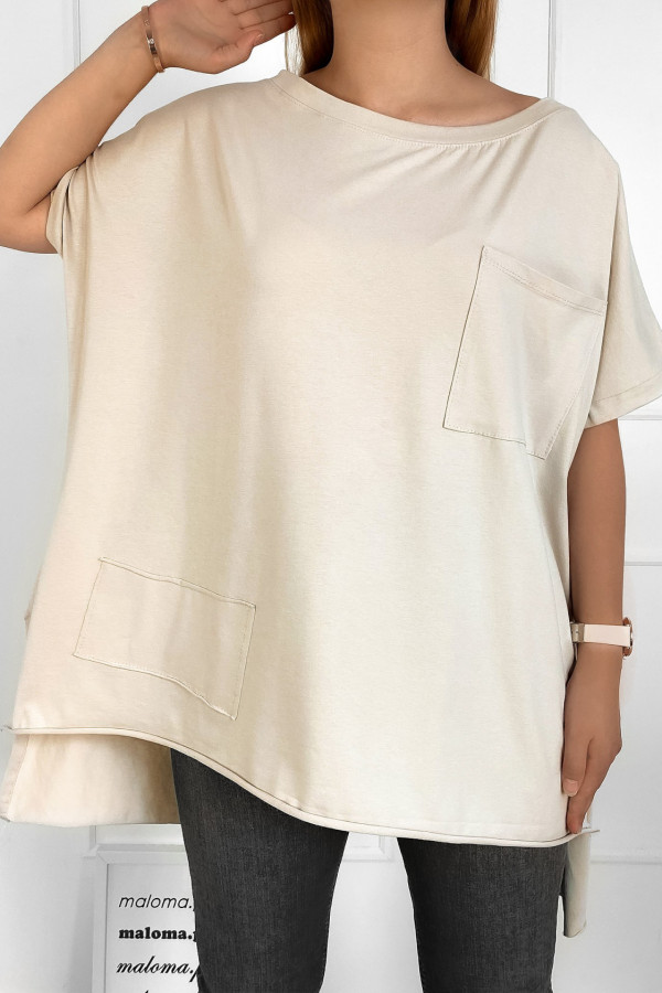Tunika damska bluzka oversize w kolorze beżowym dłuższy tył kieszeń Tanisha