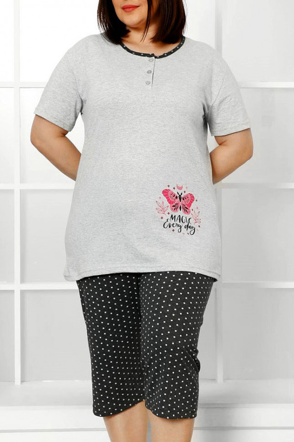 Piżama damska plus size w kolorze szarym komplet t-shirt + spodenki kropki