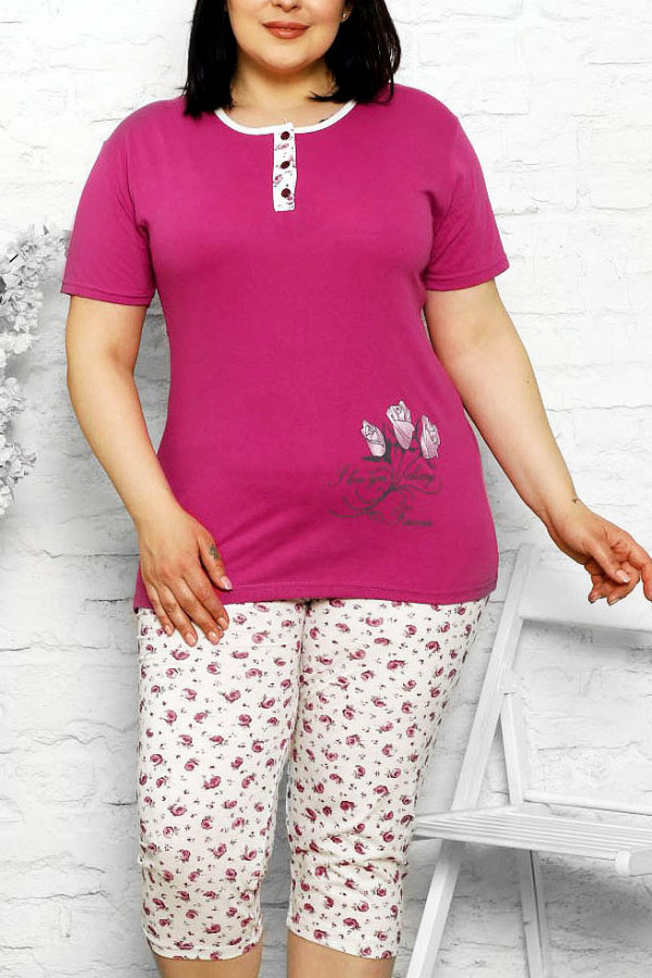 Piżama damska plus size w kolorze fuksji komplet t-shirt + spodenki kwiaty