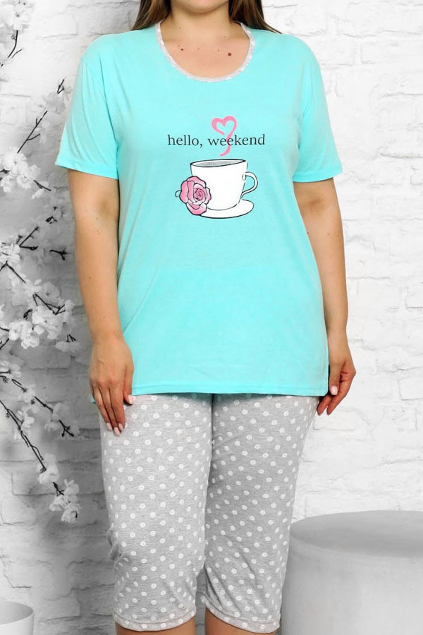 Piżama damska plus size w kolorze turkusowym komplet t-shirt + spodenki filiżanka