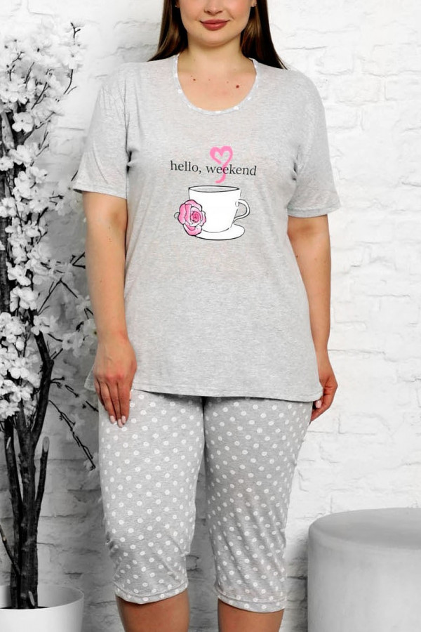 Piżama damska plus size w kolorze szarym komplet t-shirt + spodenki filiżanka
