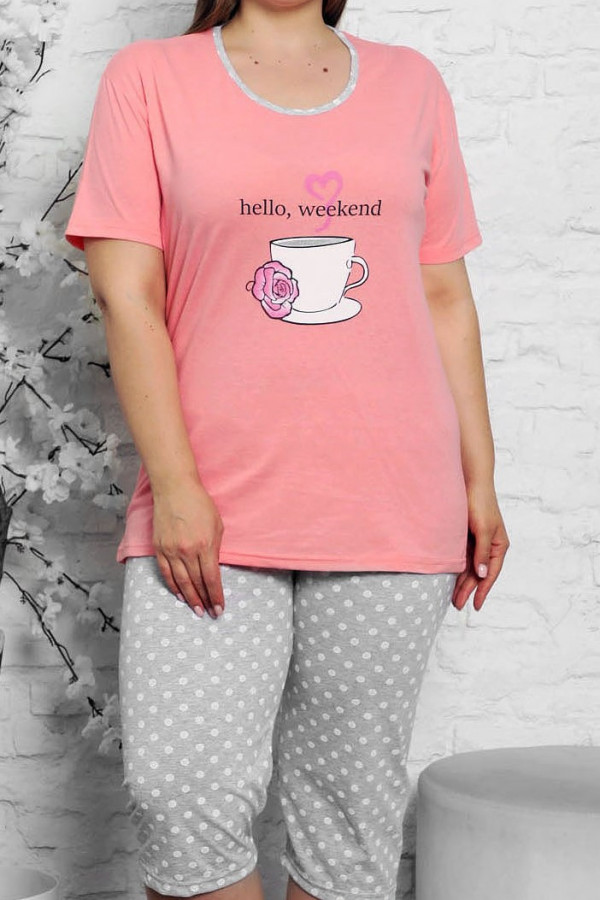 Piżama damska plus size w kolorze morelowym komplet t-shirt + spodenki filiżanka