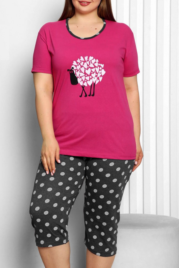 Piżama damska plus size w kolorze fuksji komplet t-shirt + spodenki owieczka