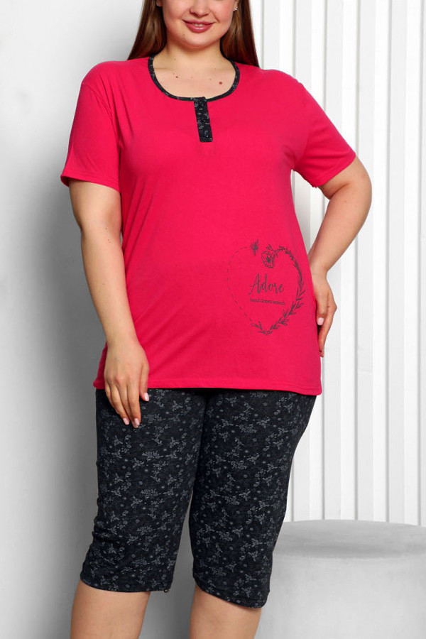 Piżama damska plus size w kolorze malinowym komplet t-shirt + spodenki flowers