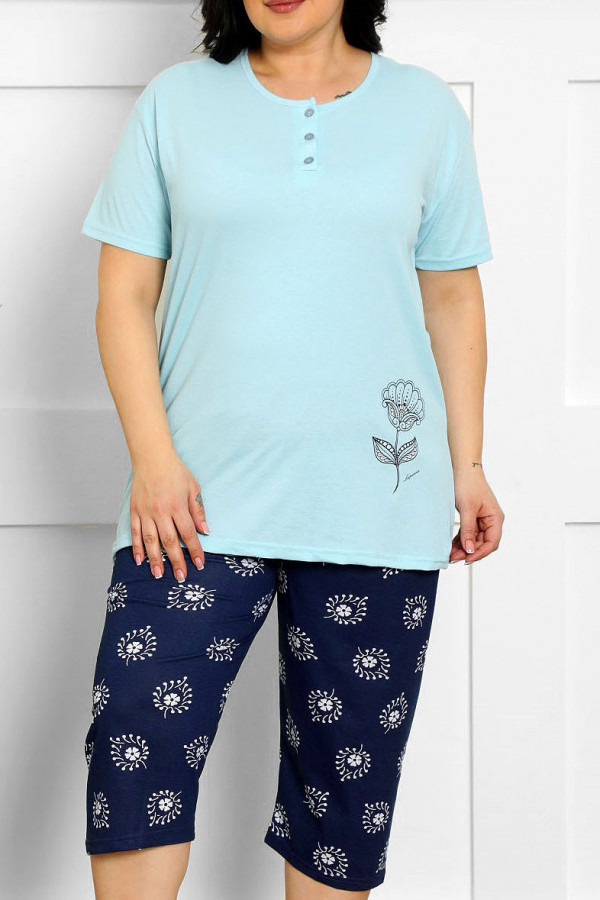 Piżama damska plus size w kolorze niebieskim koszulka + spodnie 3/4 granat