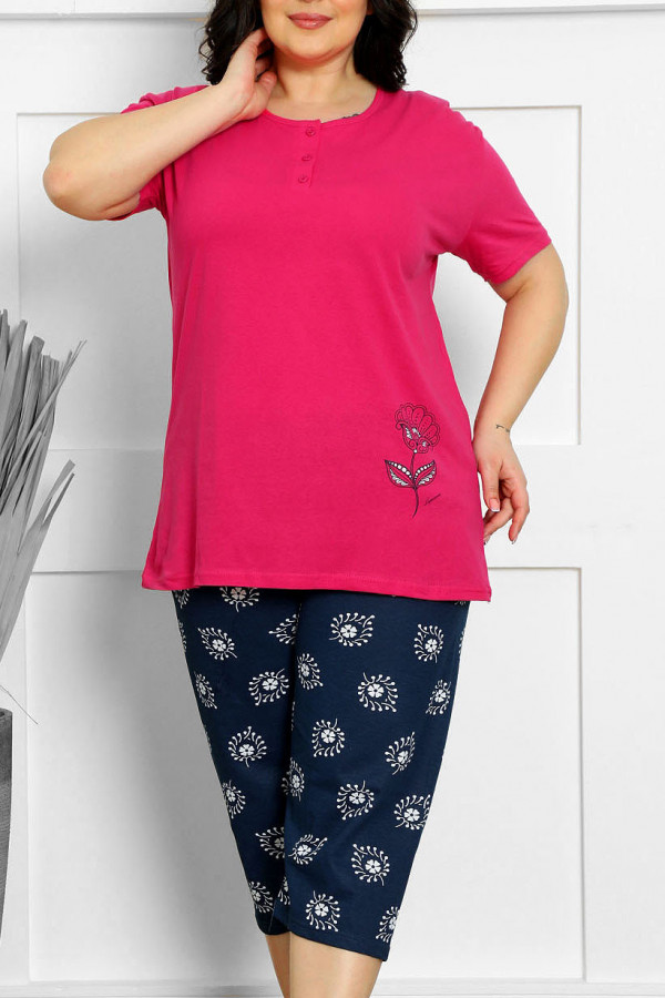 Piżama damska plus size w kolorze fuksji koszulka + spodnie 3/4 granat